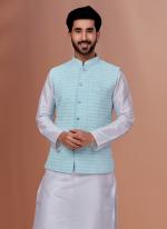 Embroidered Georgette Sky Blue Festival Wear Embroidery Work Readymade Men's Waist Coat